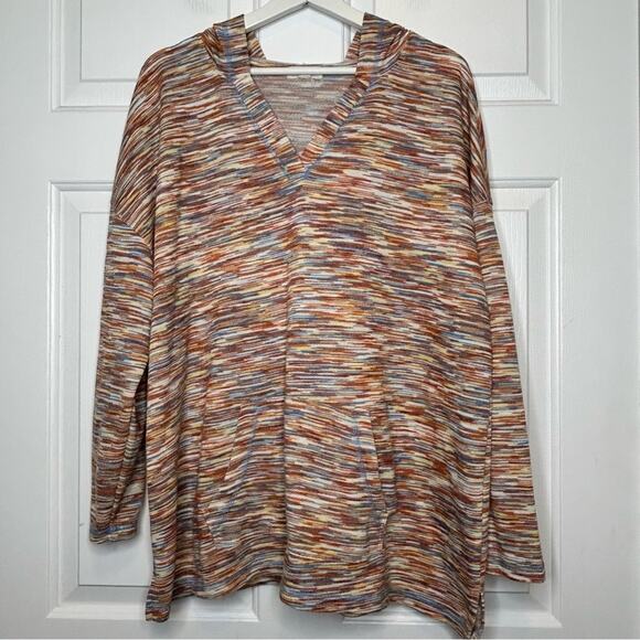 Soleillee Multi Color Knit Hoodie Long Sleeve V Neck Pullover Sweater 2X - Picture 1 of 5